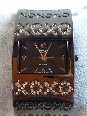 XOXO Black Metal Rhinestone Wide Link Bracelet Wrist Watch, New Battery